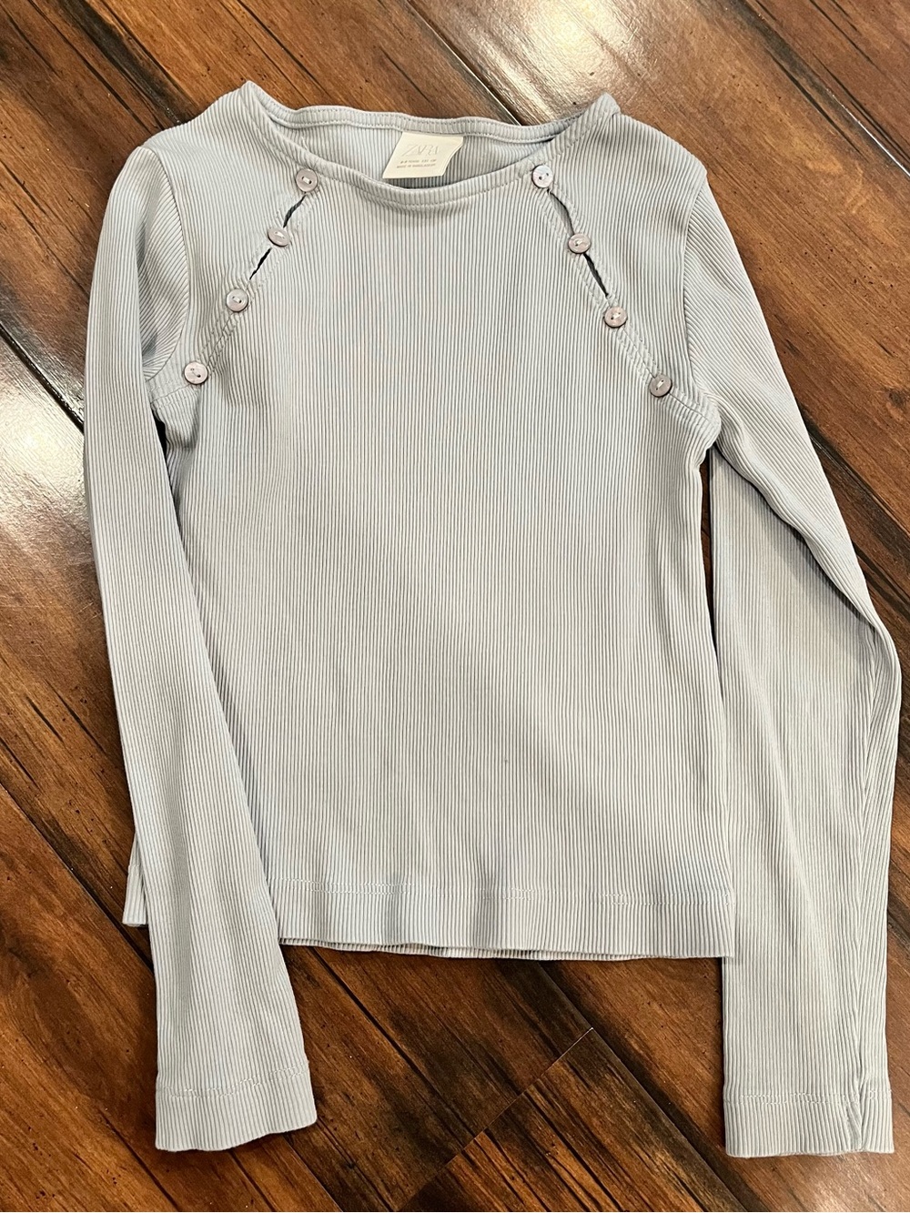 Zara Pale Blue Ribbed Long Sleeve Top with Button Details